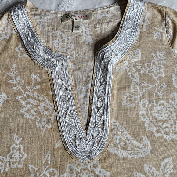 Womens Krazy Kat Lace V Neck Boho Floral Tunic Tan M White Cotton - Picture 3 of 16